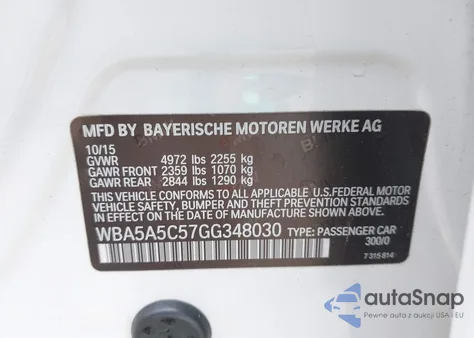 2016 BMW 528I из США, поврежденный, VIN WBA5A5C57GG348030